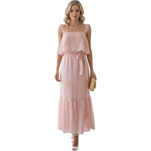 Andree By Unit Blush Ruffle Strap Shimmer Maxi Dress Tie Waist Small